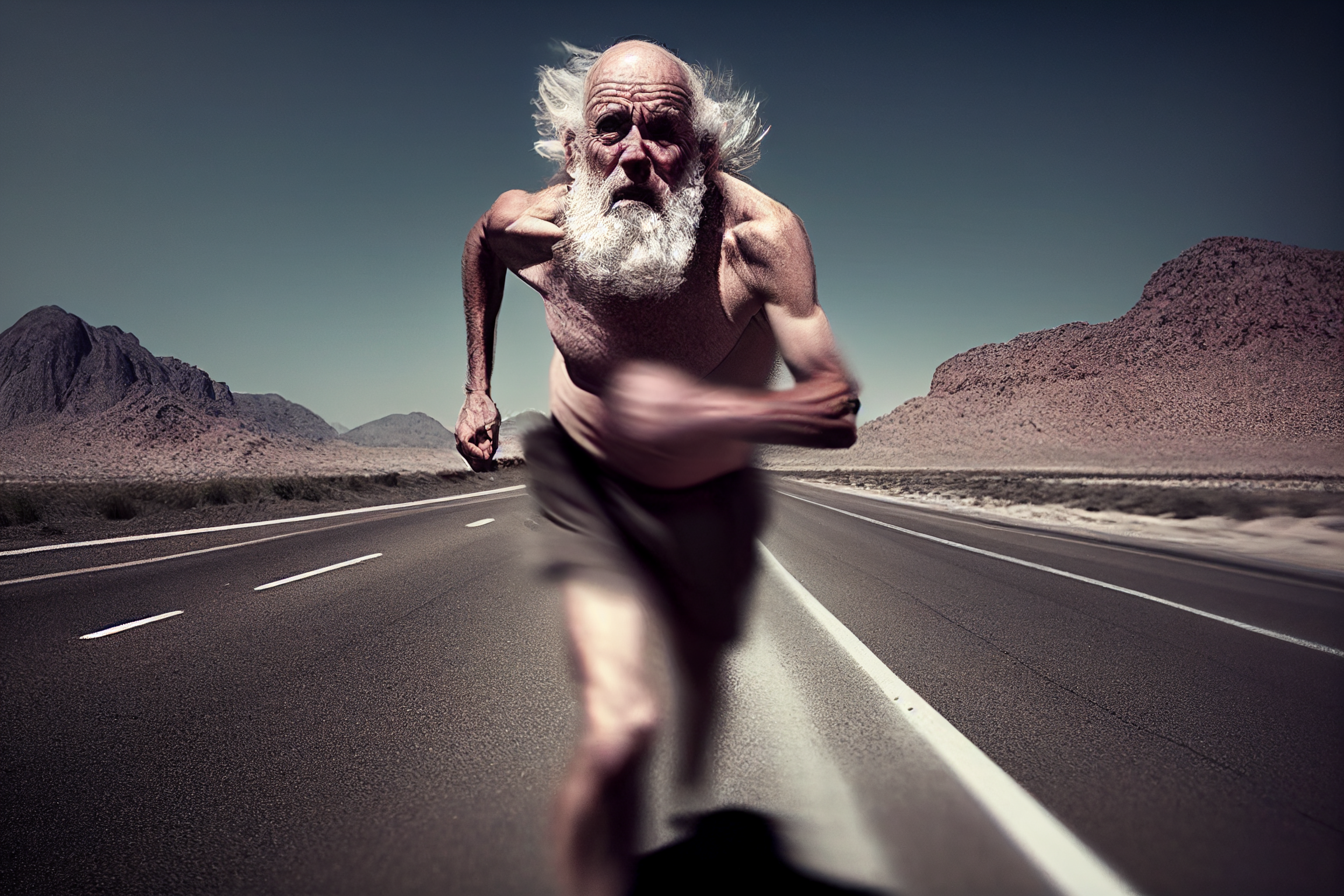 Alter Mann rennt auf der Autobahn